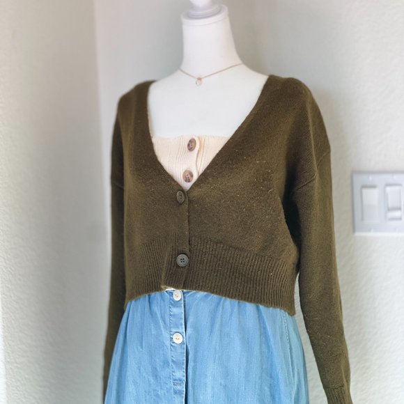 Oak + Fort Khaki Cropped Cardigan Size XS - Picture 4 of 8